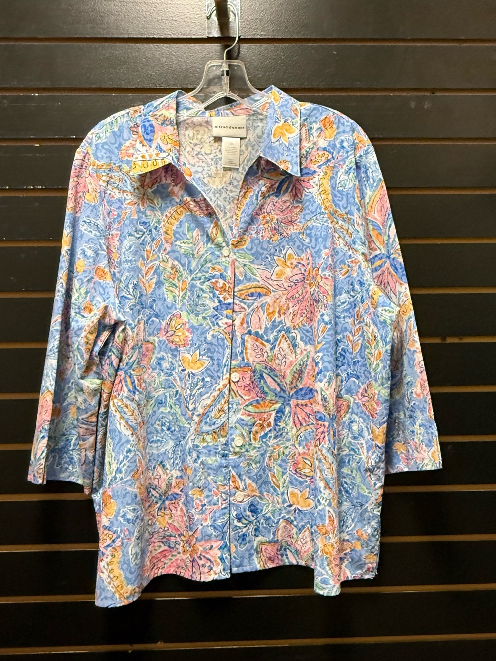 Alfred Dunner Women’s XL Blue Floral Paisley Button Front 3/4 Sleeve Blouse
